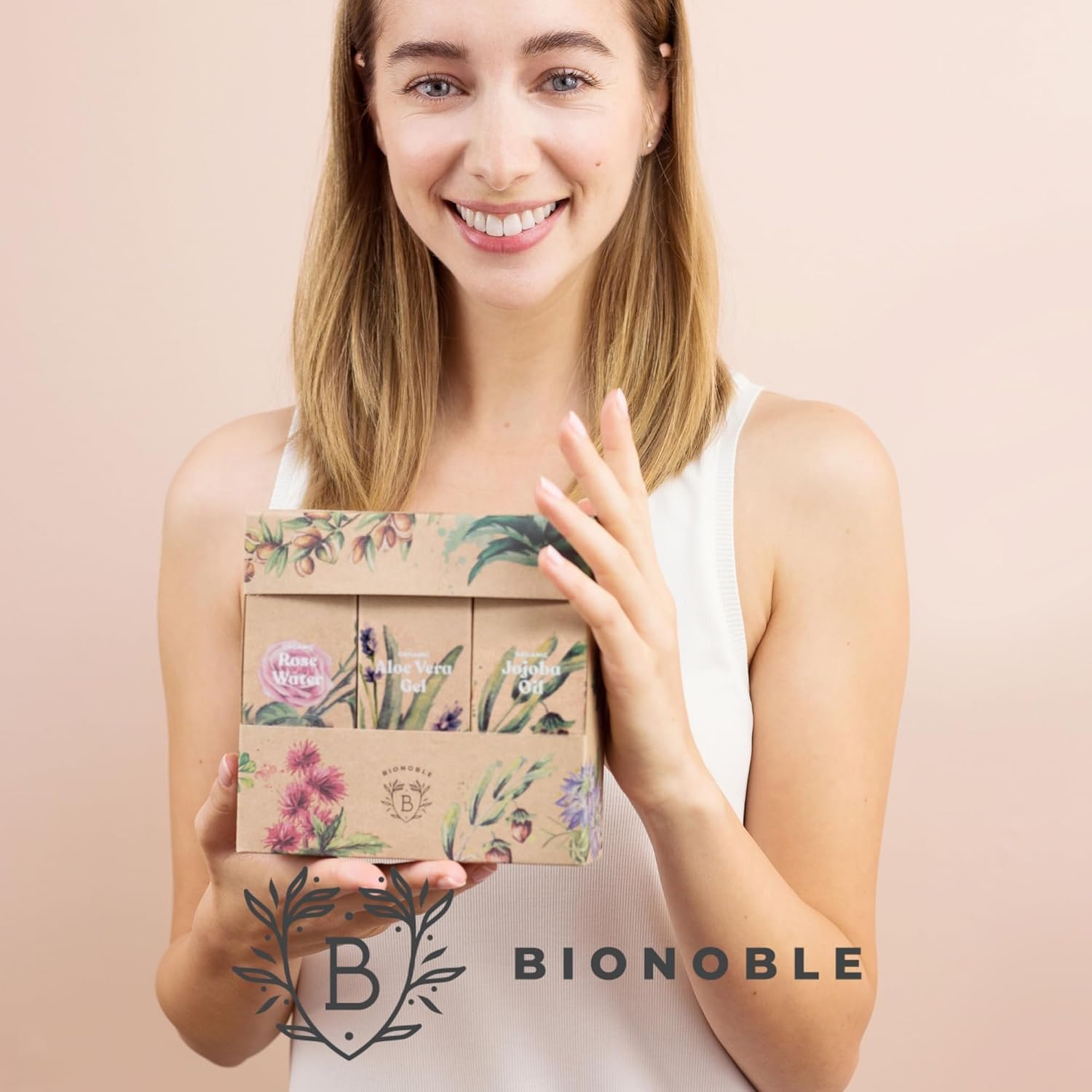 Bionoble Coffret Beauté Femme 3x100ml - Eau de Rose, Gel Aloe Vera et Huile de Jojoba Bio - Soins pour le visage, le corps et les cheveux - Coffret Cadeau Femme