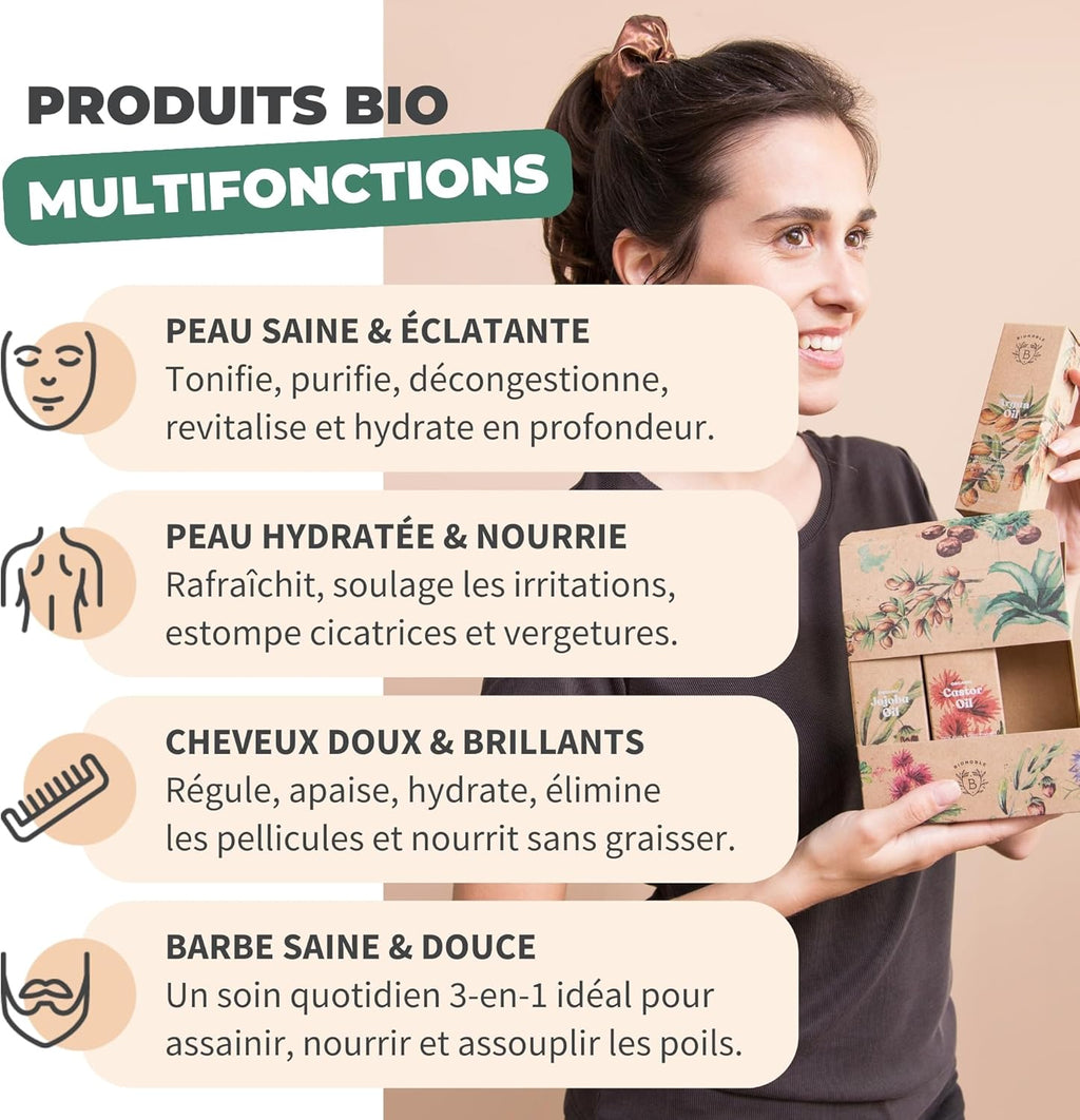 Bionoble Coffret Beauté Femme 3x100ml - Eau de Rose, Gel Aloe Vera et Huile de Jojoba Bio - Soins pour le visage, le corps et les cheveux - Coffret Cadeau Femme
