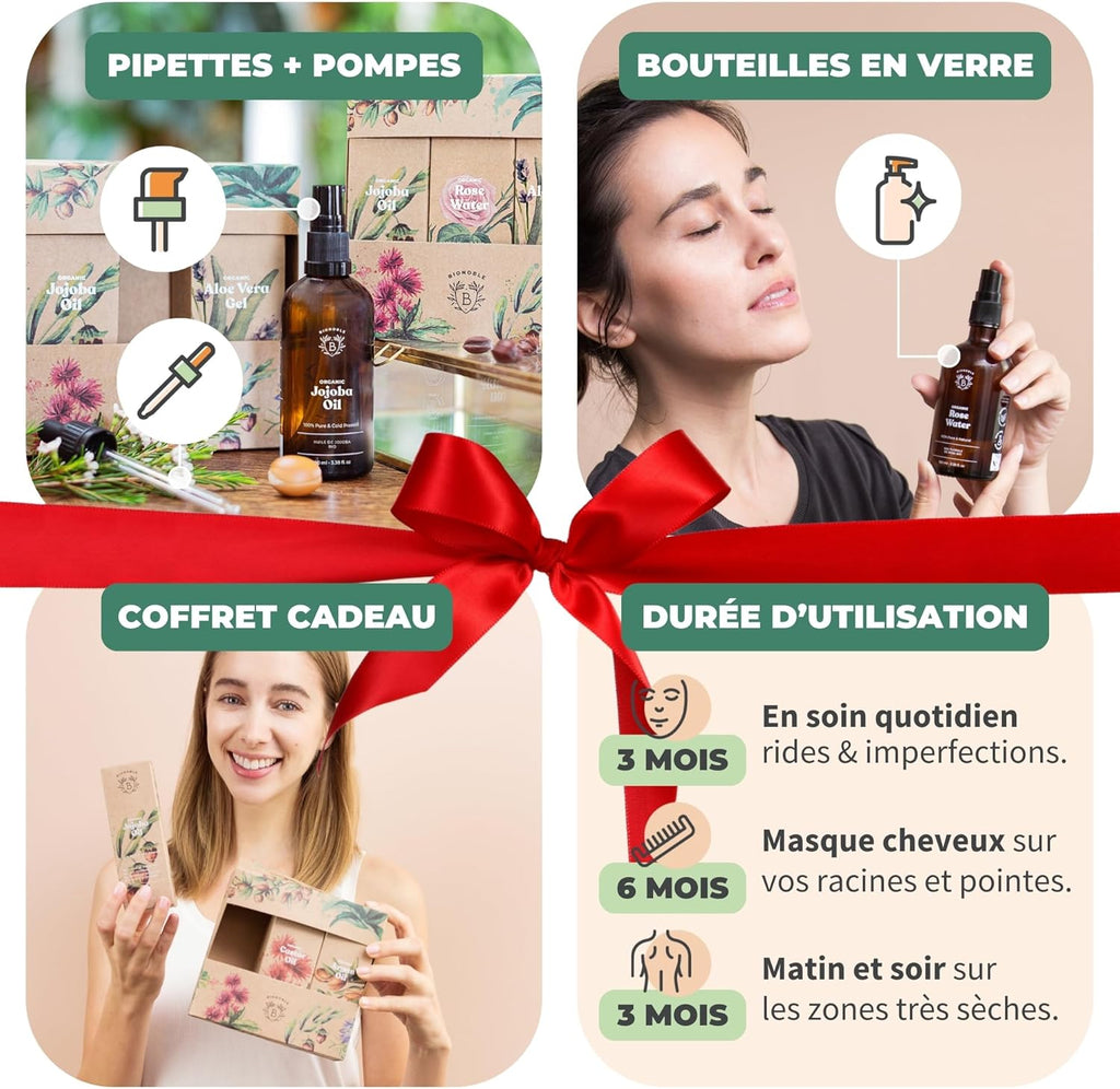 Bionoble Coffret Beauté Femme 3x100ml - Eau de Rose, Gel Aloe Vera et Huile de Jojoba Bio - Soins pour le visage, le corps et les cheveux - Coffret Cadeau Femme