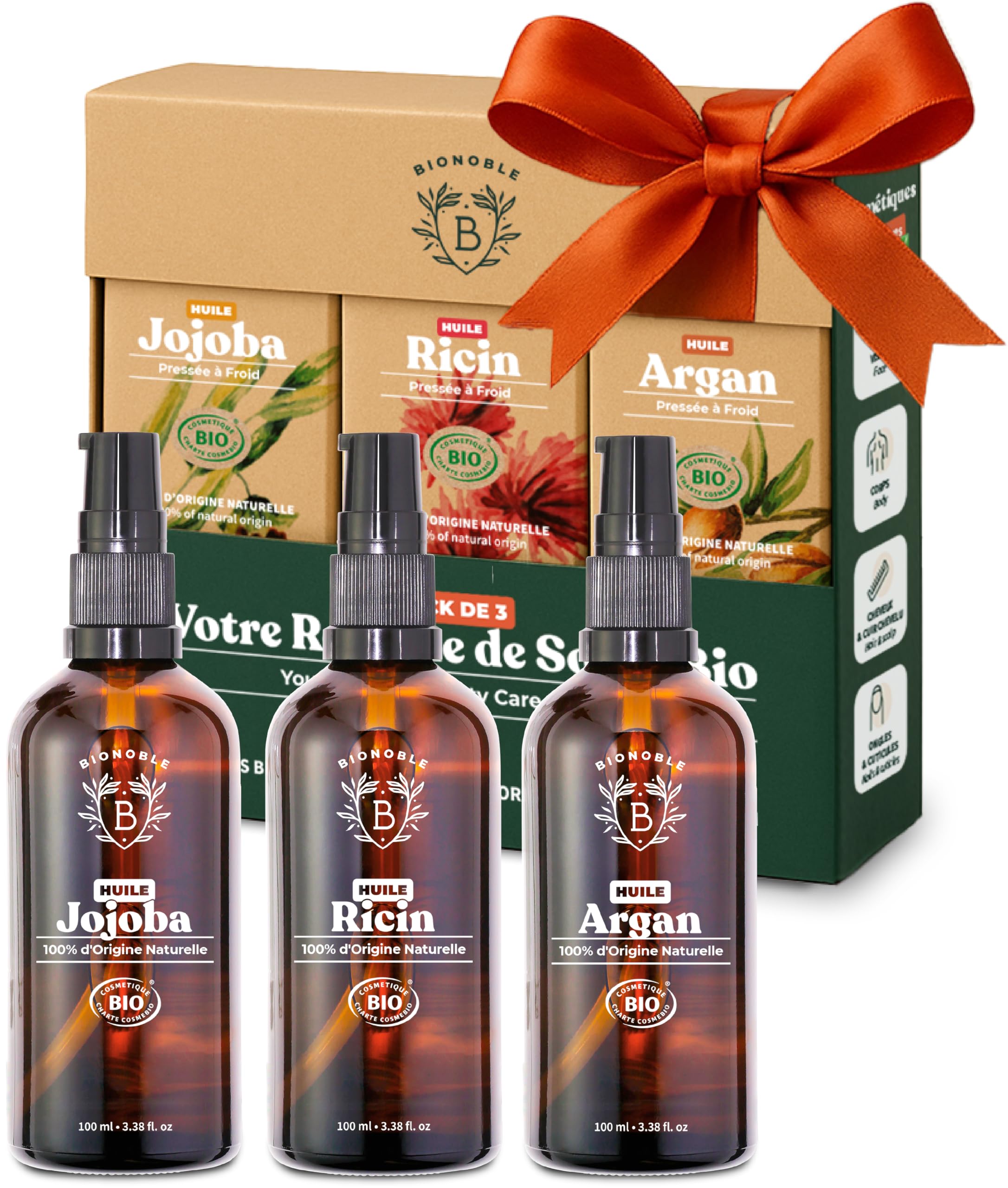 Bionoble Coffret Beauté Femme 3x100ml - Eau de Rose, Gel Aloe Vera et Huile de Jojoba Bio - Soins pour le visage, le corps et les cheveux - Coffret Cadeau Femme