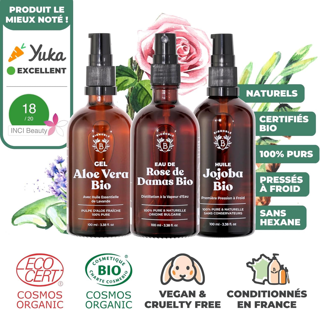Bionoble Coffret Beauté Femme 3x100ml - Eau de Rose, Gel Aloe Vera et Huile de Jojoba Bio - Soins pour le visage, le corps et les cheveux - Coffret Cadeau Femme