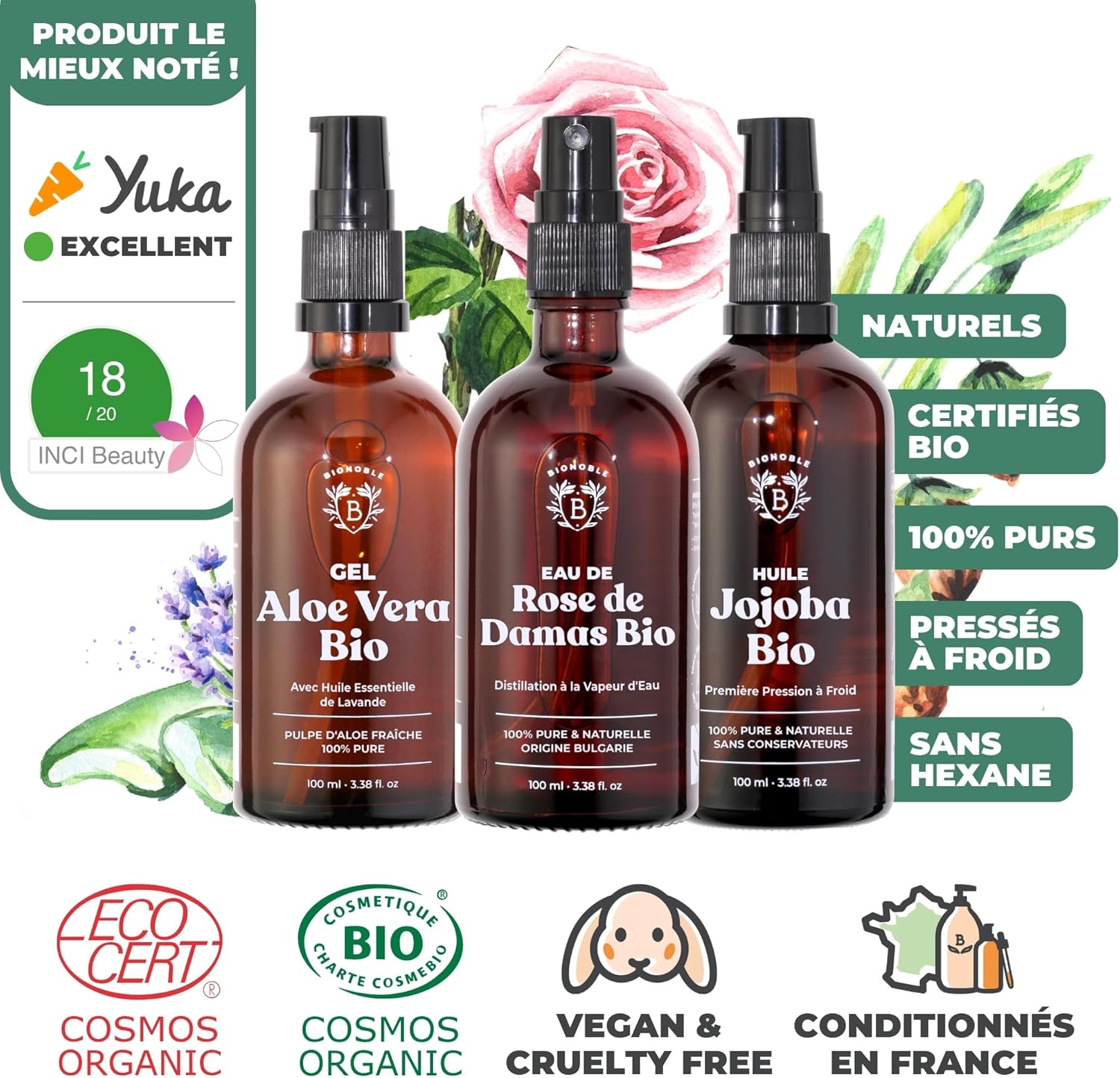 Bionoble Coffret Beauté Femme 3x100ml - Eau de Rose, Gel Aloe Vera et Huile de Jojoba Bio - Soins pour le visage, le corps et les cheveux - Coffret Cadeau Femme